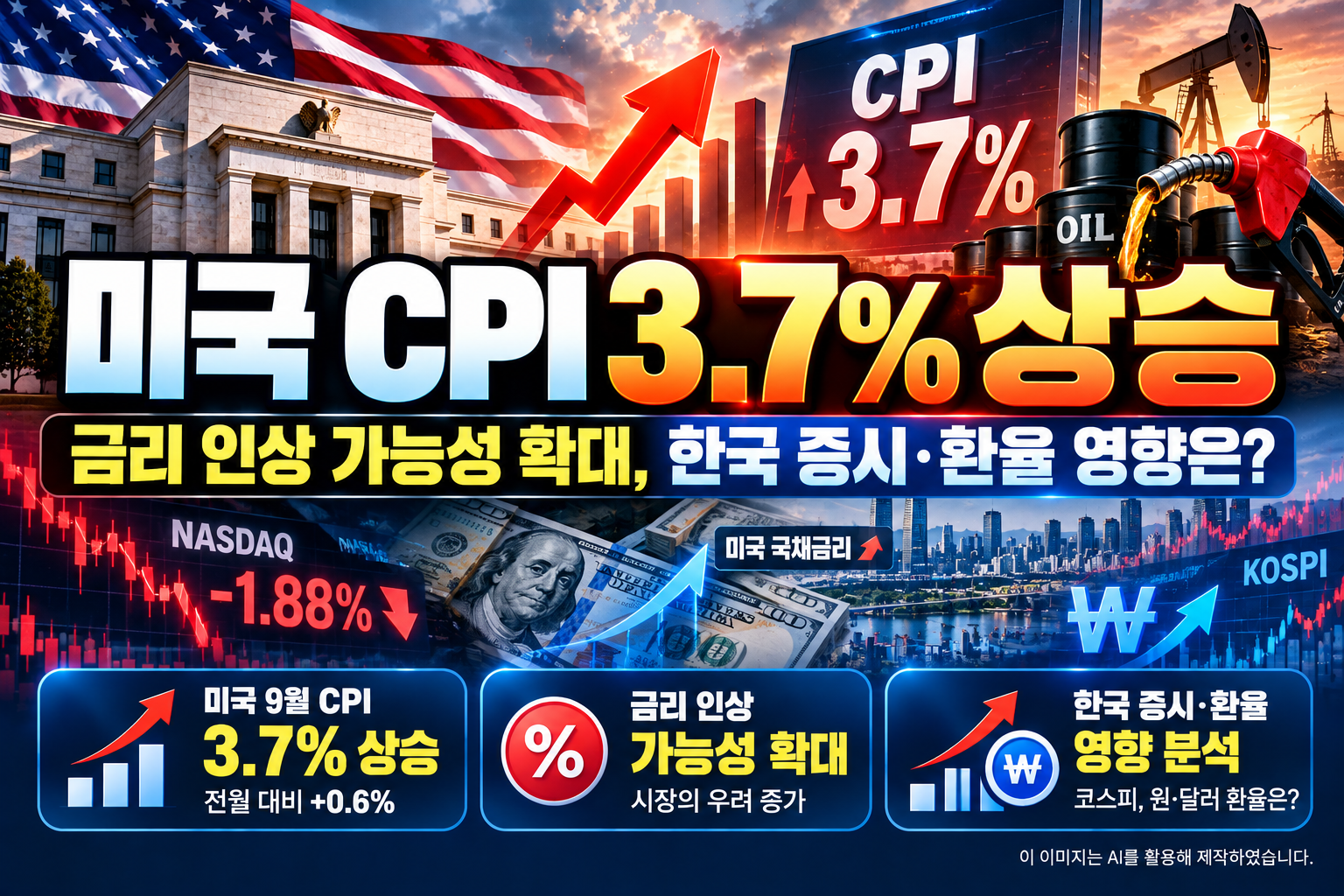 2026년 9월 미국 소비자물가지수(CPI) 3.7% 상승과 연준의 금리 인상 가능성 확대, 나스닥 1.88% 하락 및 한국 증시와 원·달러 환율에 미치는 영향을 분석한 이미지