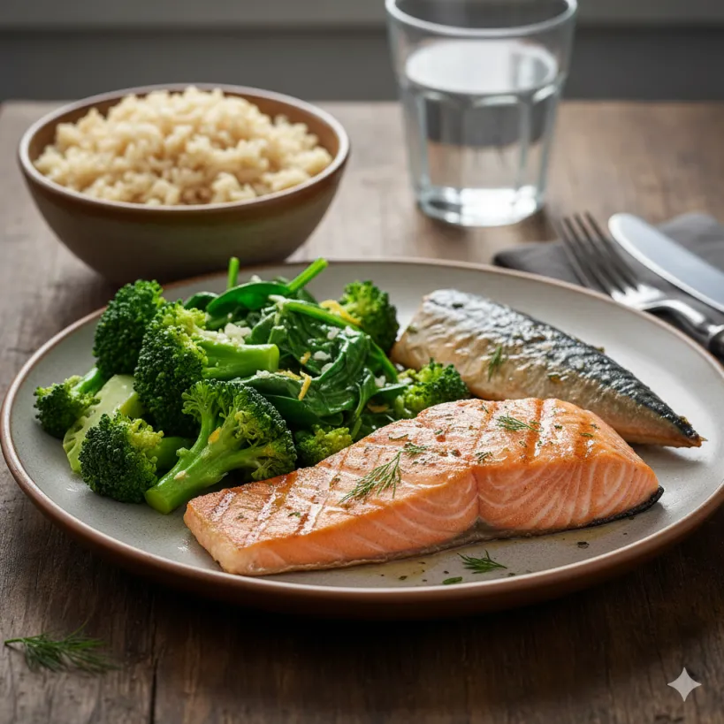 알부민 수치 개선에 좋은 연어 구이, 시금치 등 고단백 저지방 식단이 담긴 접시