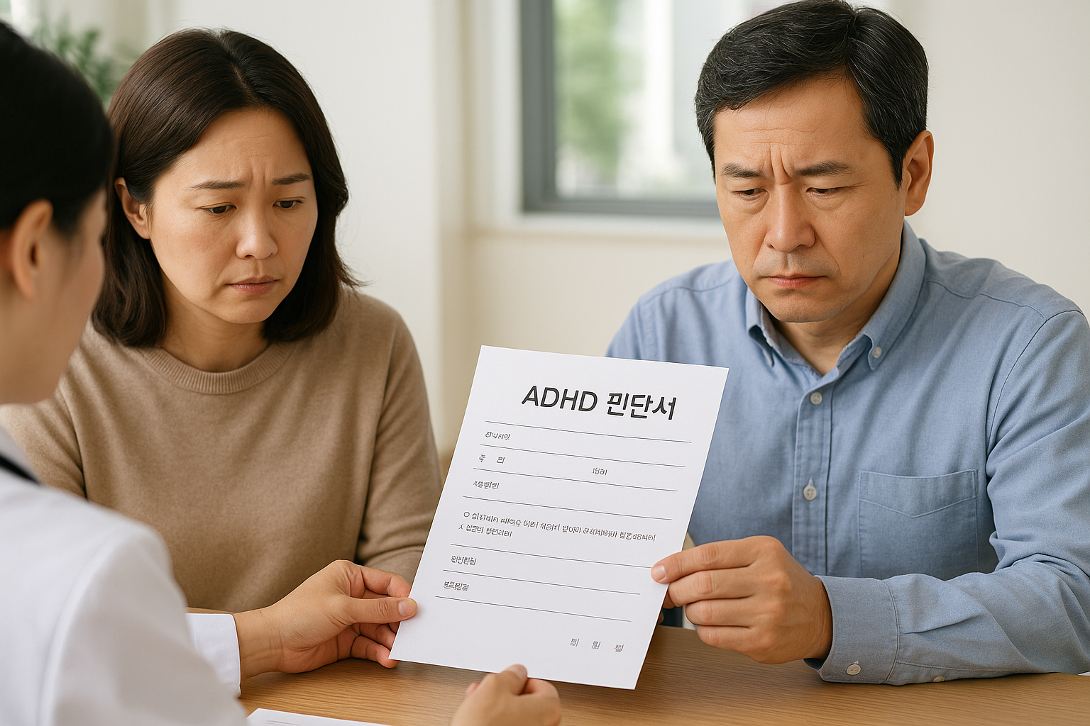 부모가 아이의 ADHD 진단서를 보며 상담 중인 장면