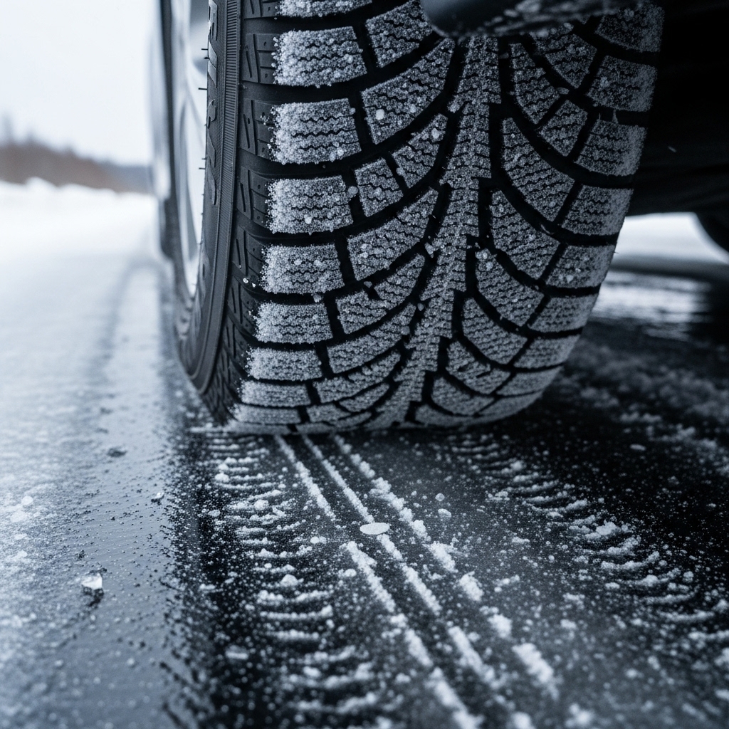 블랙아이스 도로 위 겨울용 스노타이어의 접지력을 강조하는 클로즈업 이미지