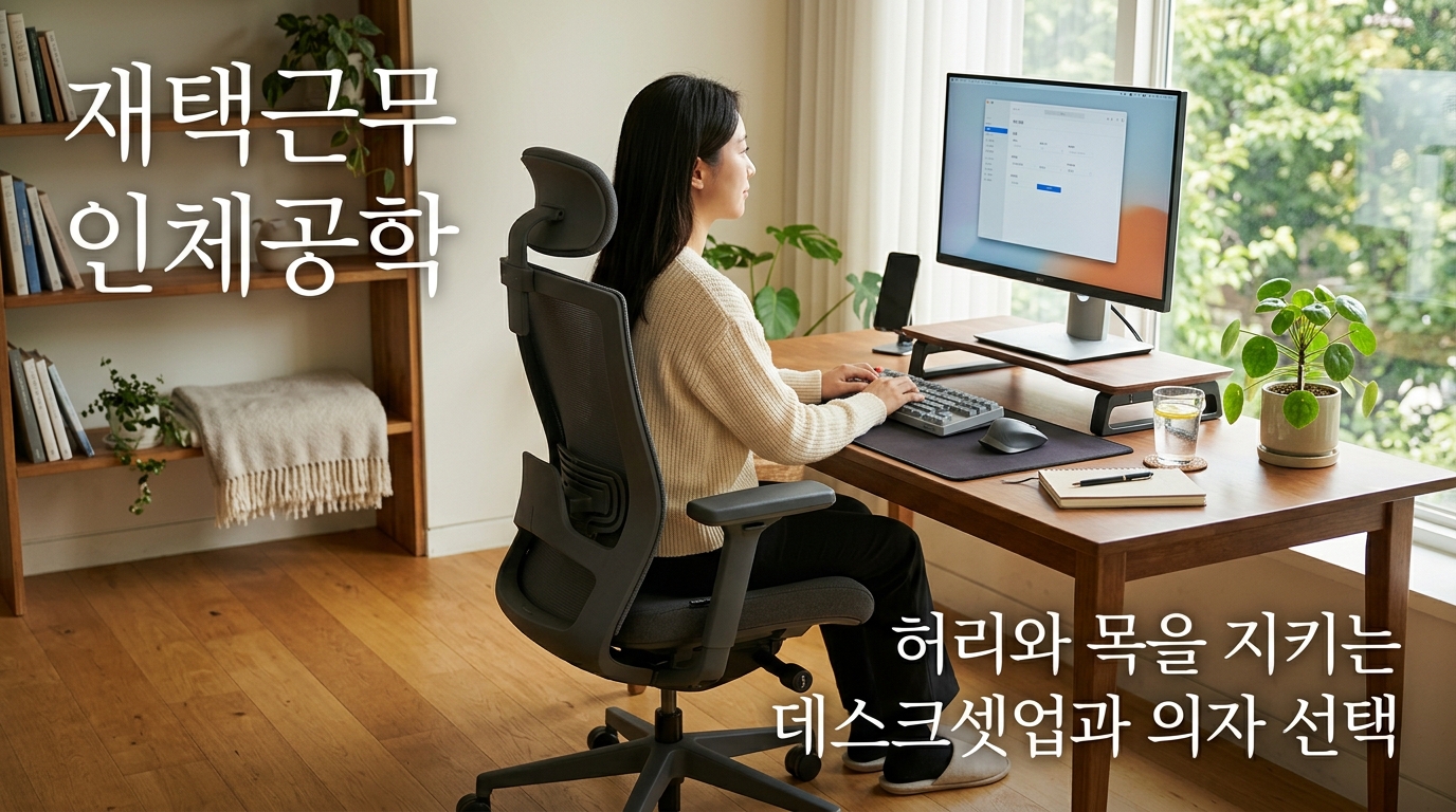햇살이 은은하게 비치는 아늑하고 정돈된 홈 아토피/오피스 공간. 인체공학적 허리 받침 의자와 눈높이에 맞춰진 모니터 셋업이 놓여 있어, 척추를 지켜주는 올바른 재택근무 환경의 중요성을 시각화함.