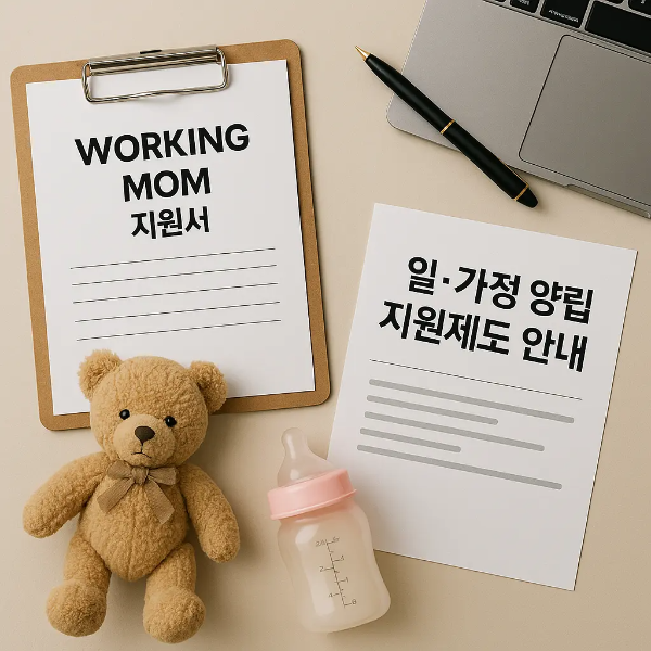 WORKING MOM 지원서, 일·가정 양립 지원제도 안내문, 곰인형, 젖병, 노트북, 펜이 정돈된 워킹맘 지원 사물 스튜디오컷 이미지