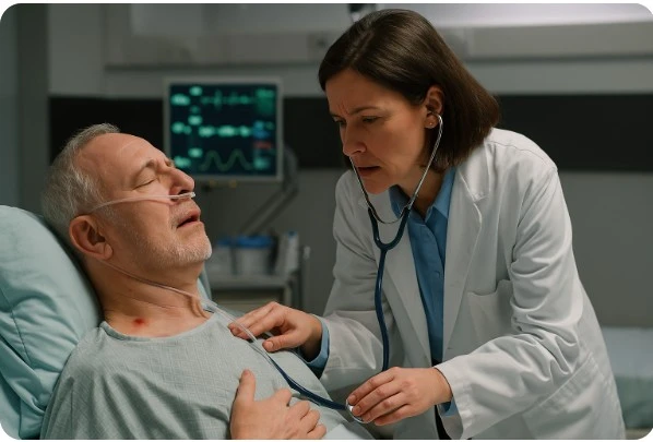 의사가 벌에 쏘인 환자의 호흡곤란 증상을 진료하는 응급실 장면