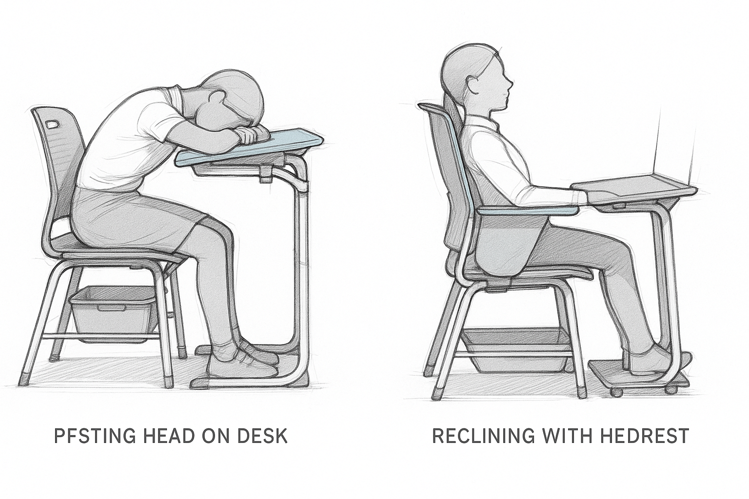 학생이 책상에 몸을 기대어 쉬는 모습, 슬림 서랍 위에 쿠션이 놓이고 양옆 반투명 칸막이가 펼쳐진 상태