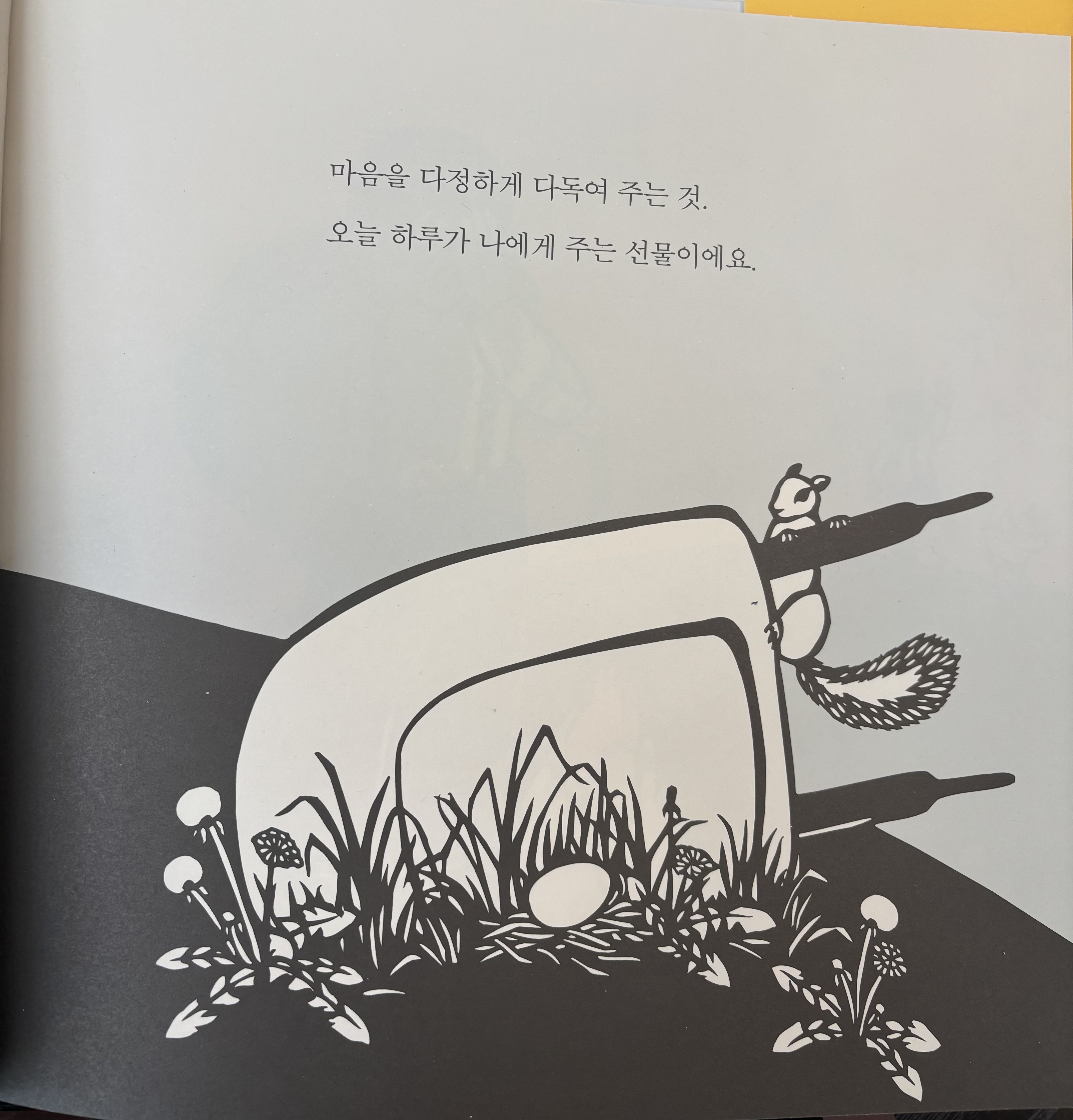 『날마다 멋진 하루』 속 다람쥐와 둥지 그림. 오늘 하루가 주는 선물과 마음을 다독이는 시간을 표현한 일러스트.