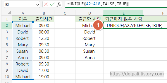 UNIQUE 함수 기본 사용법- 퇴근하지 못한 사람 명단