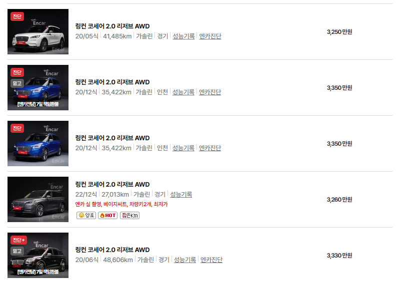 링컨 코세어 중고차 가격 시세표 연비