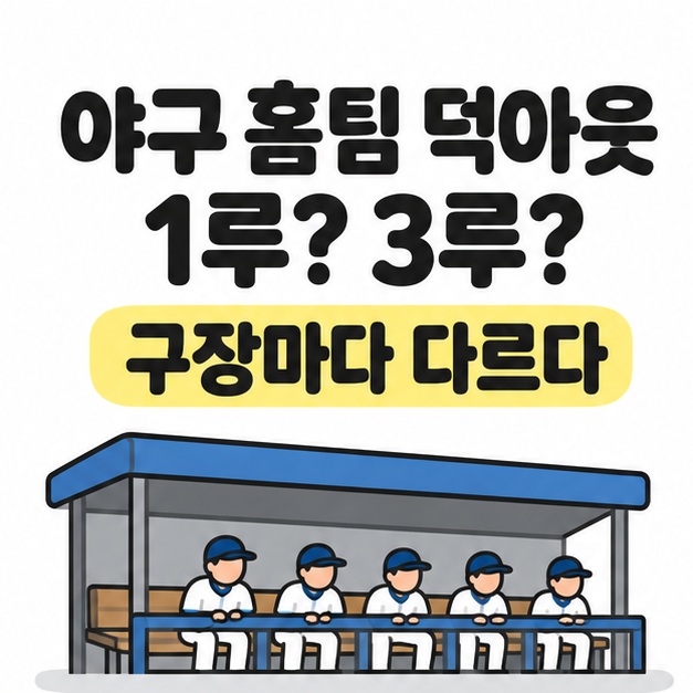 야구 홈팀 덕아웃 제목과 1루 또는 3루는 구장마다 다르다는 문구 아래 지붕 있는 벤치에 앉은 야구 선수들