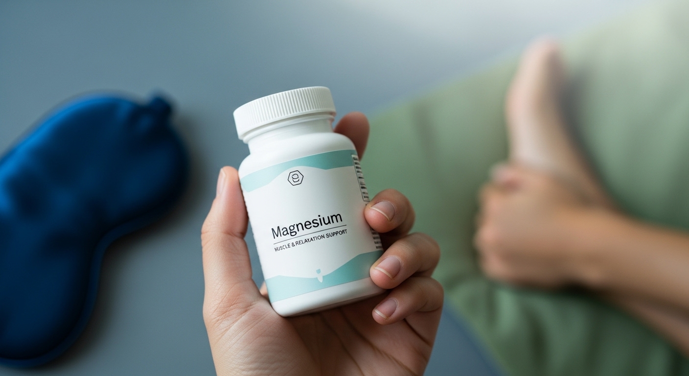 한 손에 마그네슘 영양제 병을 들고 있는 모습. 배경에는 편안함과 근육 건강을 상징하는 요소들이 흐릿하게 보인다.