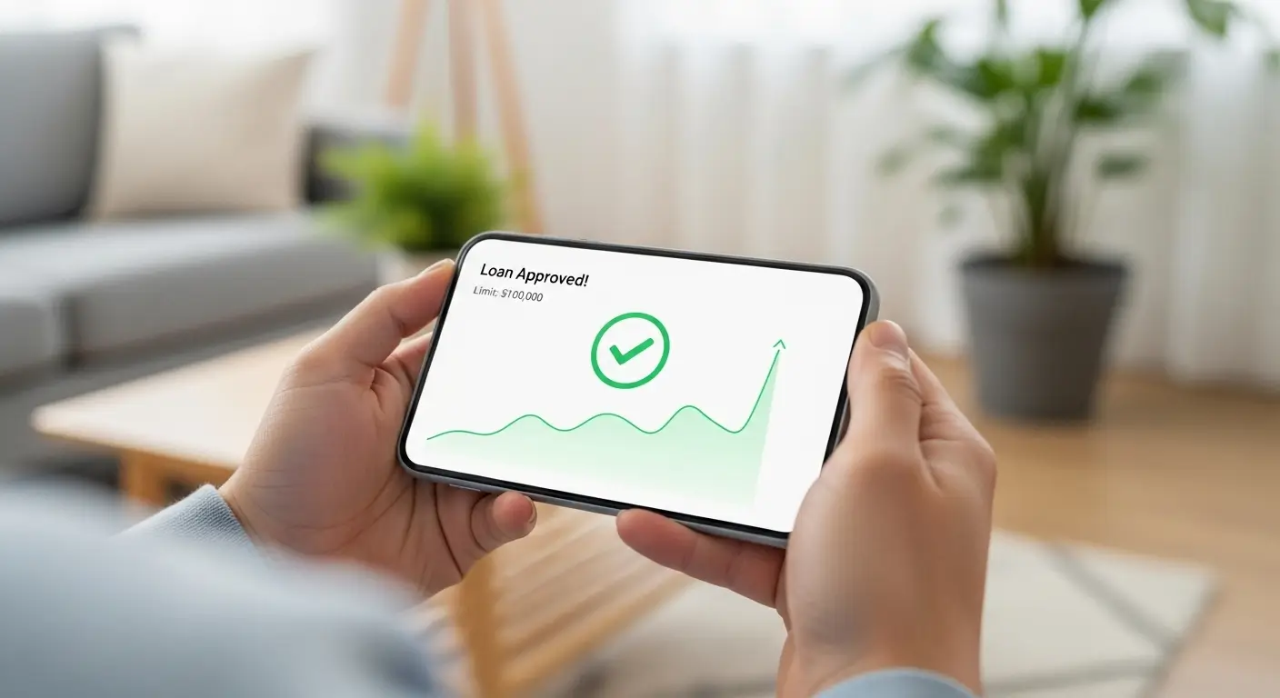 스마트폰으로 간편하게 대출 한도 가조회를 하고 승인 결과를 확인하며 안도하는 모습