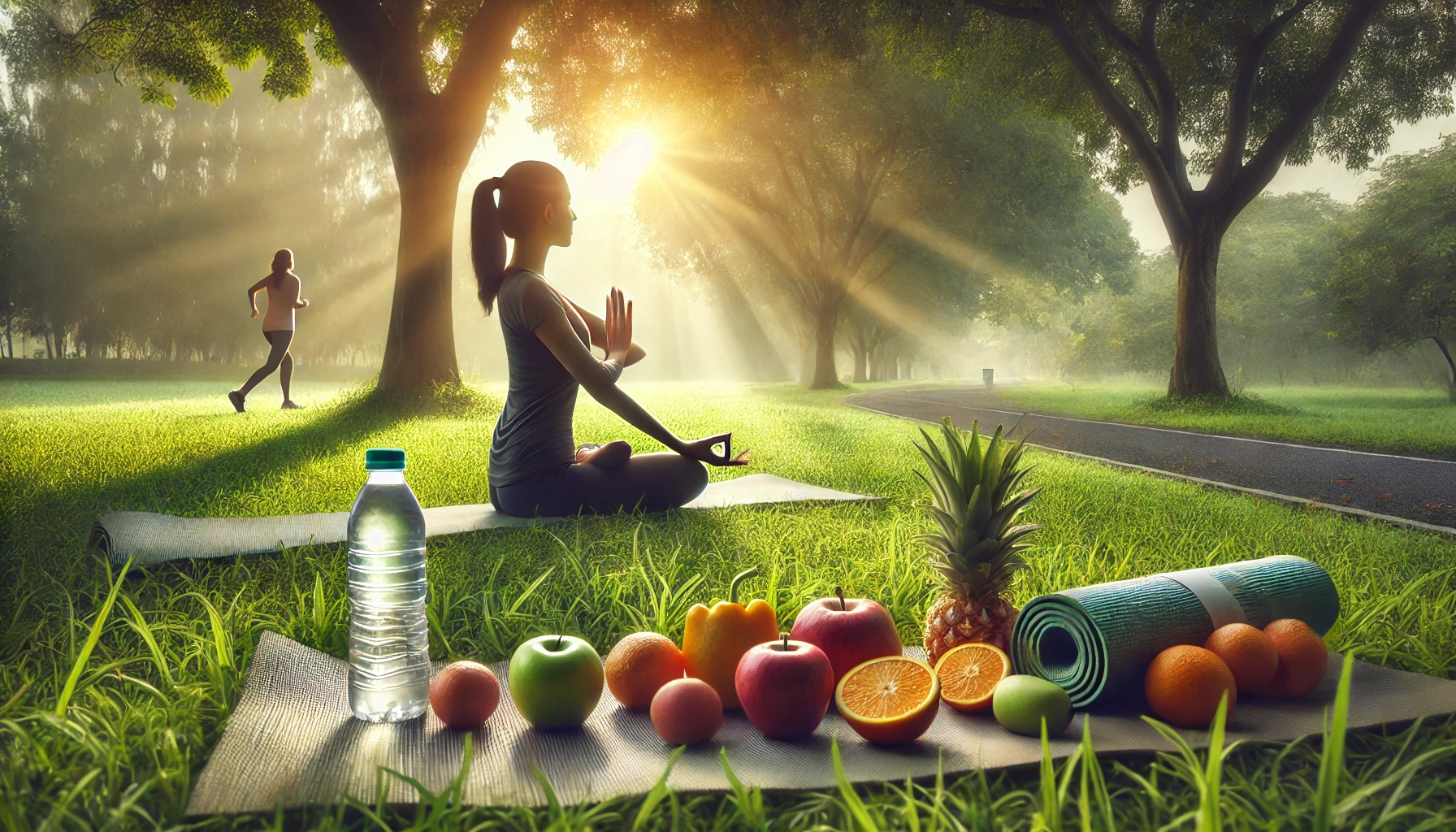 한 여성이 공원에서 운동하는 모습 앞에 신선한 물과 과일이 놓여 있다.