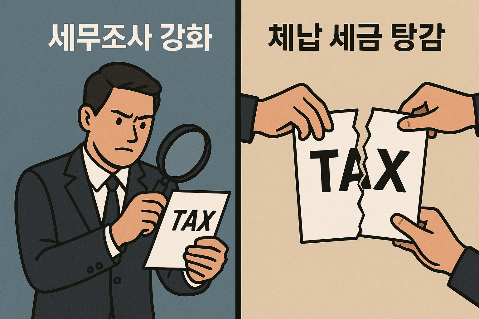 세무조사 강화와 체납 세금 탕감을 주제로, 세금 조사와 감면 정책의 대비를 표현한 이미지