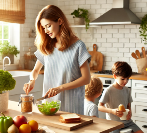 주방에서 음식 준비중인 여성과 아이들