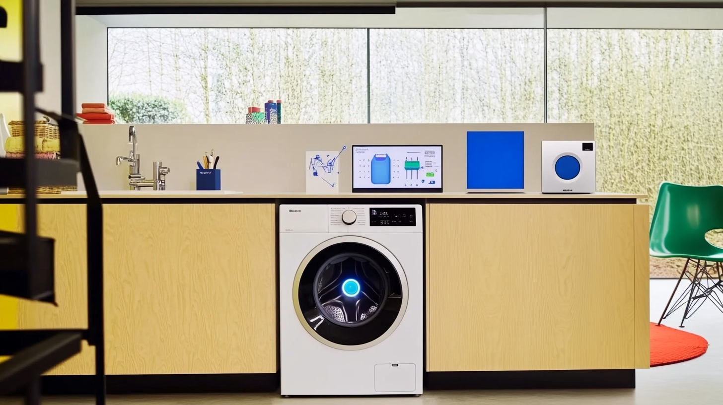 스마트 홈 기기와 상호작용하는 AI 기반 세탁기의 모습, 연결된 효율적인 가정을 강조하는 이미지
