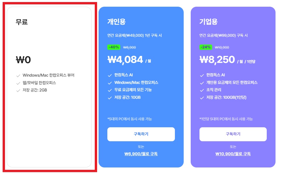 한컴독스 플랜 종류, 유료플랜 가격