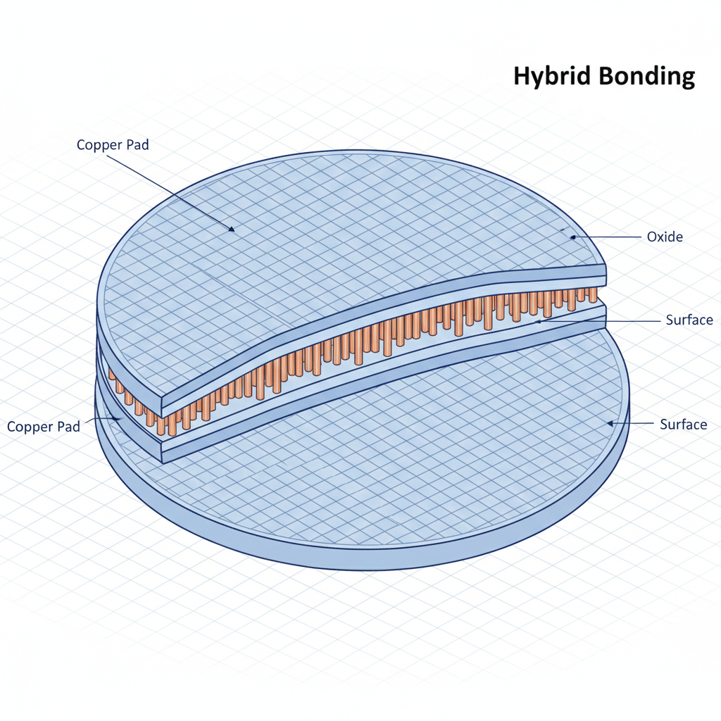 차세대 반도체 패키징 기술인 하이브리드 본딩의 단면 구조와 구리 연결 원리를 설명하는 기술적 도표