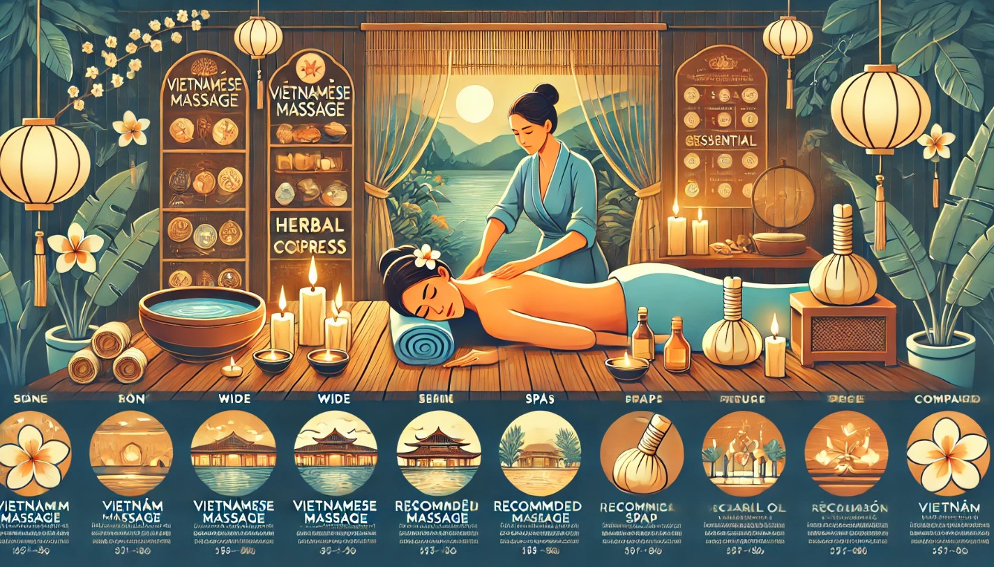 인기 있는 베트남 스파 목록과 가격 비교 차트가 포함된 편안한 스파 환경을 강조한 이미지