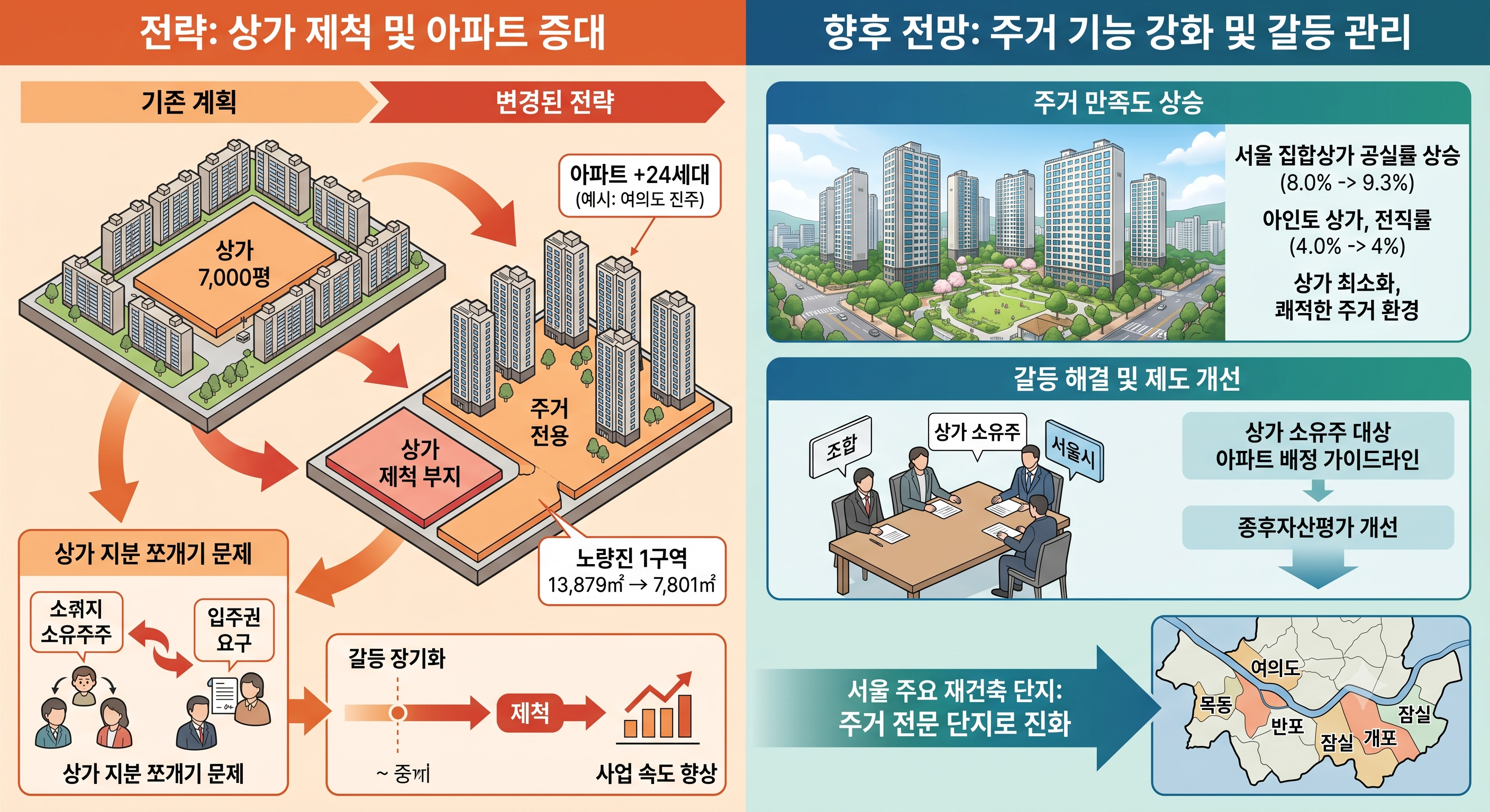 서울 주요 재건축 단지들이 상가를 빼고 아파트 세대수를 늘리는 정비사업 전략과 향후 전망