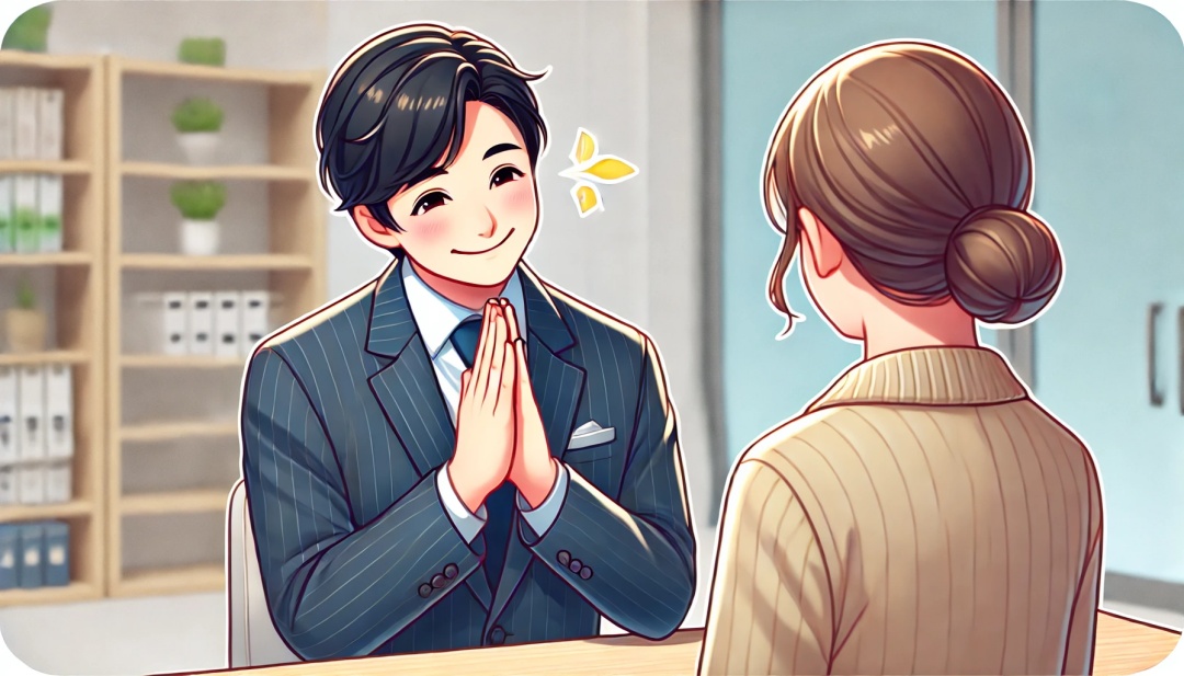 밝은 사무실에서 한 사람이 미소로 칭찬하고 다른 사람이 손짓이나 고개를 살짝 숙이며 겸손하게 반응하는 모습