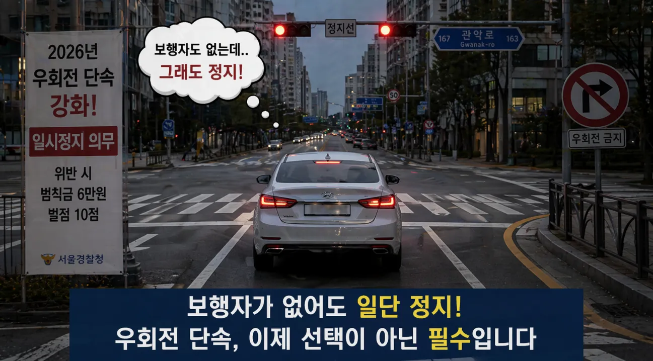 빨간불 신호등 아래 횡단보도 앞에 정지한 자동차의 모습. 횡단보도에는 보행자가 한 명도 없어 운전자의 고민을 암시하며, 2026년 우회전 단속 강화 분위기를 나타냄.