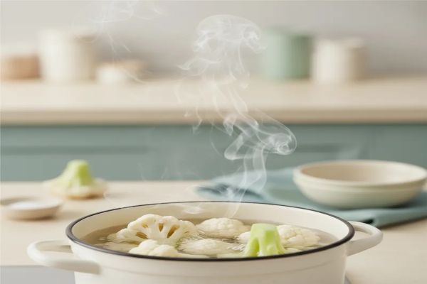 작은 냄비에 콜리플라워 송이들이 담겨 끓는 물에 부드럽게 삶아지는 순간을 클로즈업한 이미지입니다.