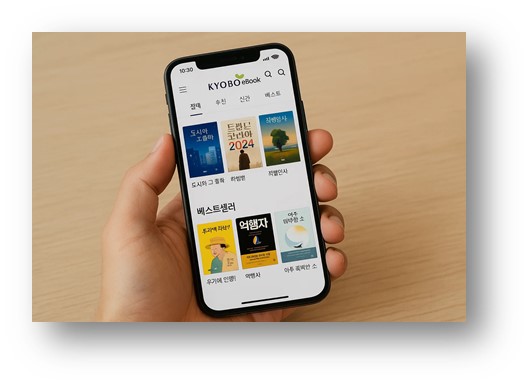 현재 베스트셀러인 책을 온라인으로 보기위해 교보eBook 앱을 스마트폰에 설치하고 활용하는 모습