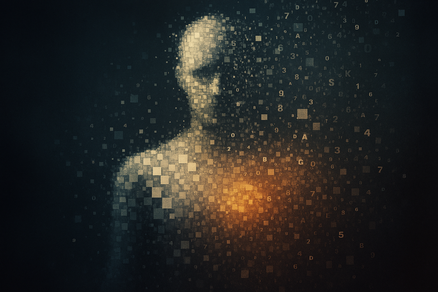 픽셀로 해체되는 디지털 인간 형상의 추상 이미지