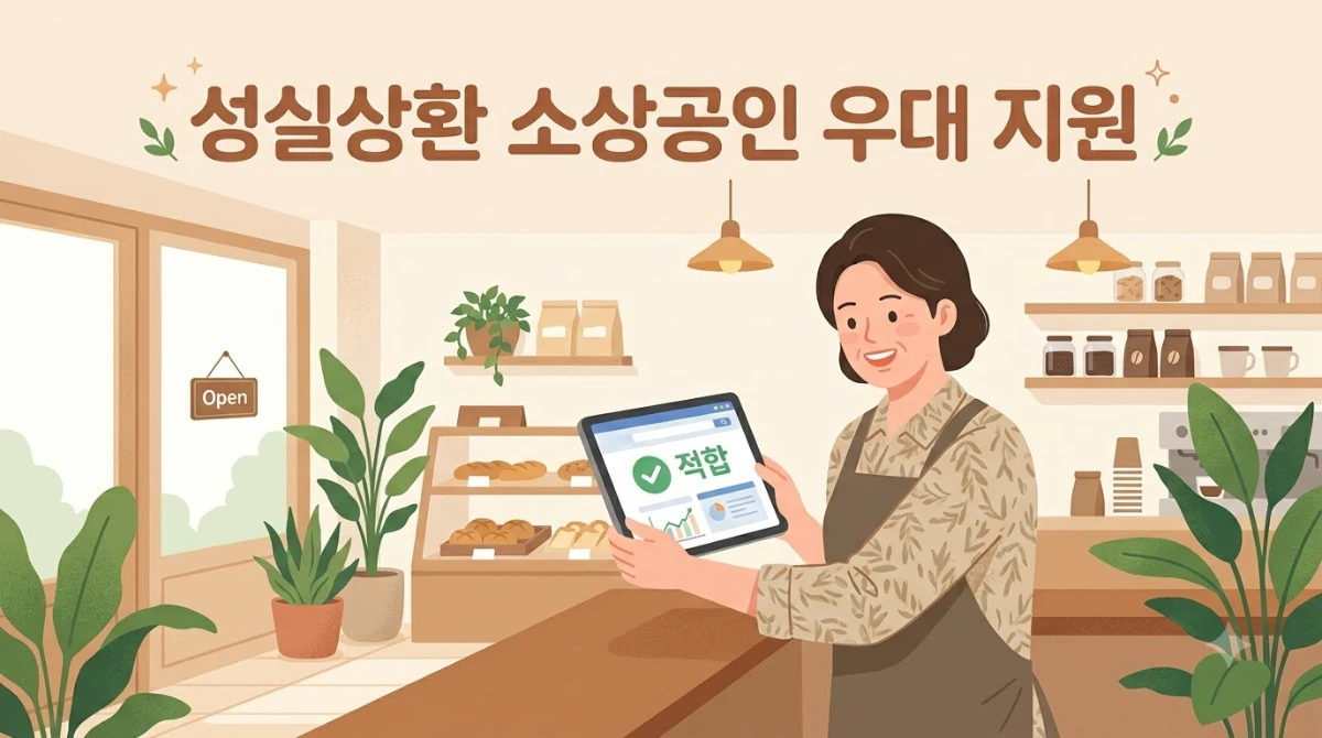 소상공인 여성이 태블릿으로 적합도를 보며 웃고 있는 모습