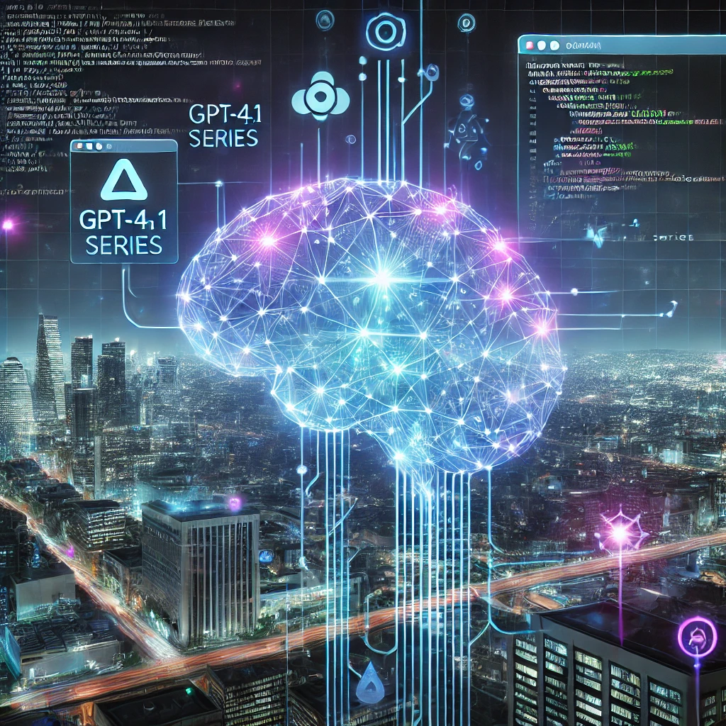 GPT-4.1 시리즈 출시에 따른 인공지능 진화와 코드 기반 AI 기술의 미래를 표현한 디지털 아트