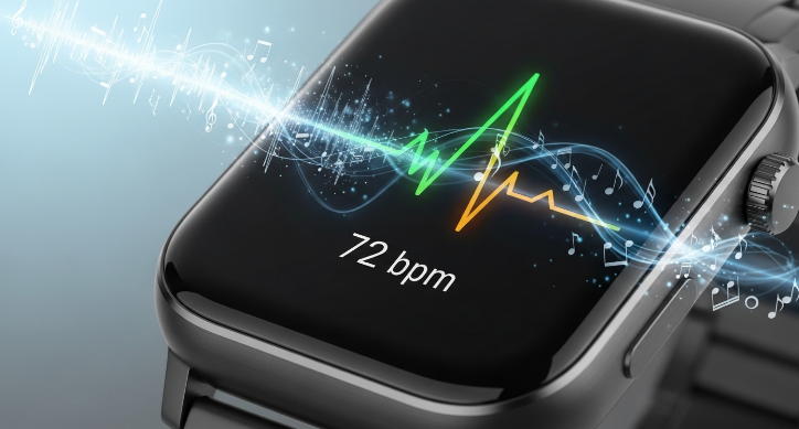 스마트워치 화면에 심박수 그래프가 표시되고 음악 파동이 흘러나오는 모습, 기술과 명상의 조화