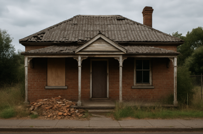 붉은 벽돌 외벽과 낡은 슬레이트 지붕을 가진 폐가