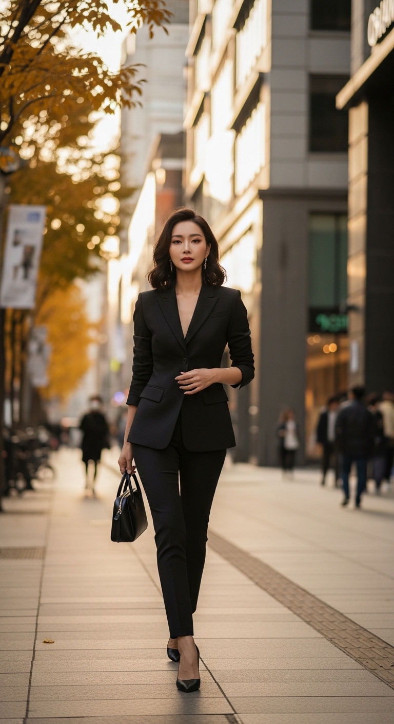 시크한 올블랙 수트를 입은 모델이 도심 거리를 걷는 모습