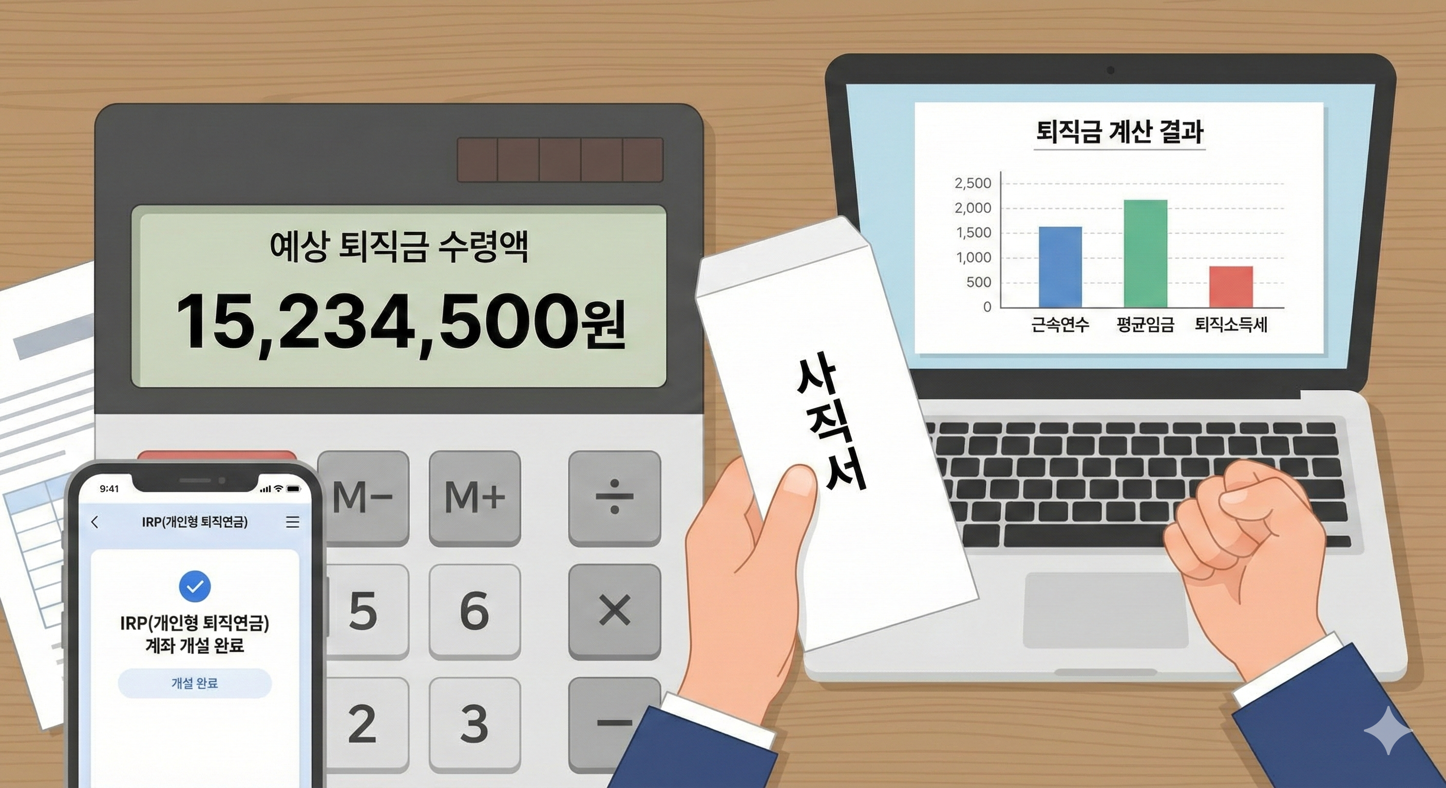 2026년 퇴직금 예상 수령액 계산기 화면(약 1,500만 원)과 사직서를 든 손. 노트북에는 퇴직금 계산 결과 그래프(근속연수, 평균임금, 소득세)가 보이고, 스마트폰에는 IRP(개인형 퇴직연금) 계좌 개설 완료 화면이 표시되어 퇴사 준비 과정을 보여주는 인포그래픽.