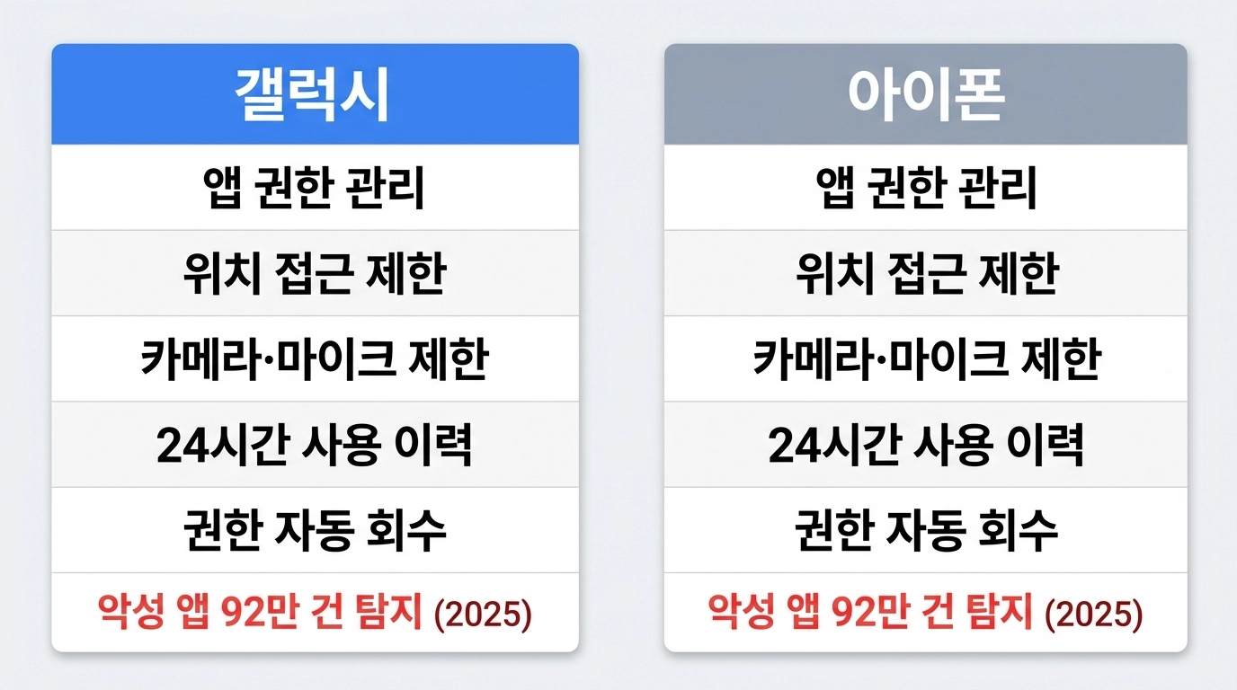 갤럭시와 아이폰 앱 권한 설정 경로를 비교한 인포그래픽