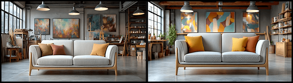 공간 연출, OREF로 고정된 쇼파가 놓인 창의적인 스튜디오 로프트, 추상 벽화, 조명으로 예술적인 분위기 이미지_Midjourney