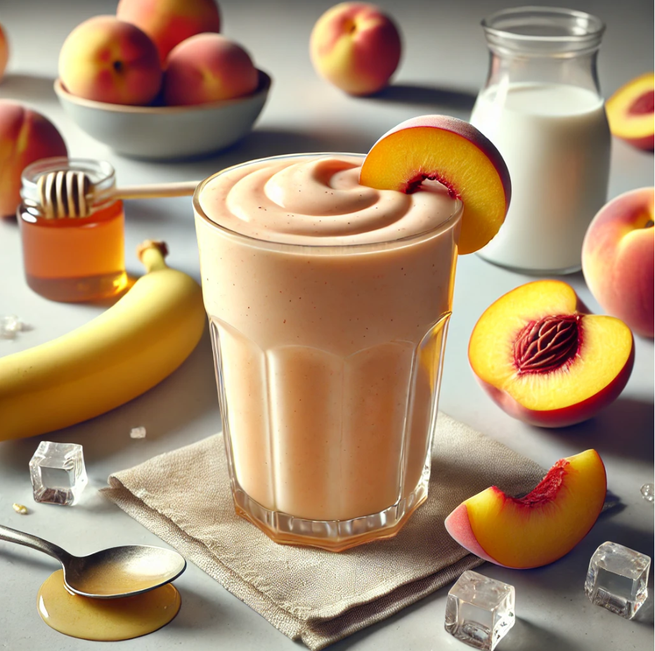 복숭아, 바나나, 우유 블렌딩된 재료