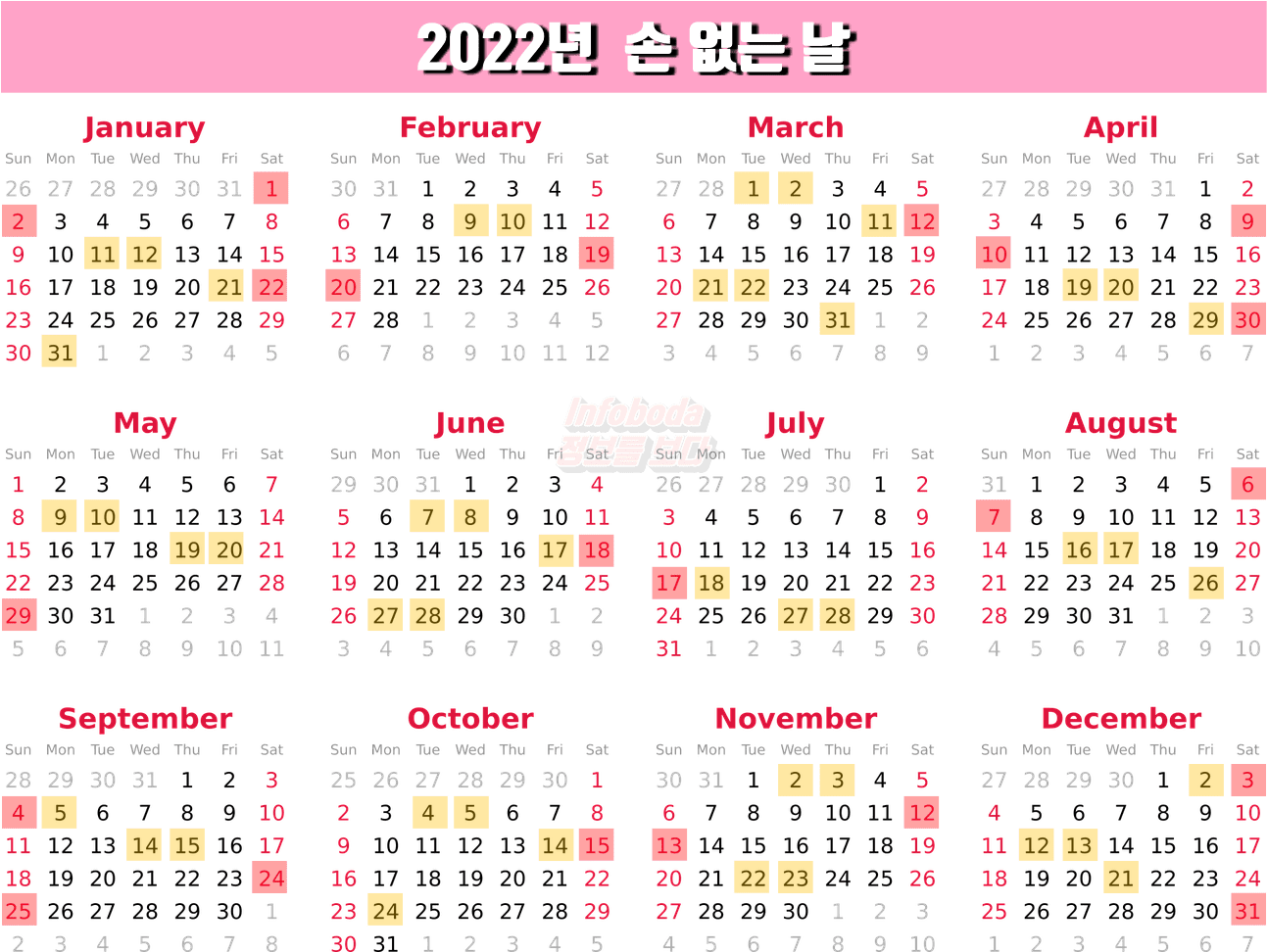 2022년 길일(손 없는 날) 결혼, 이사 달력