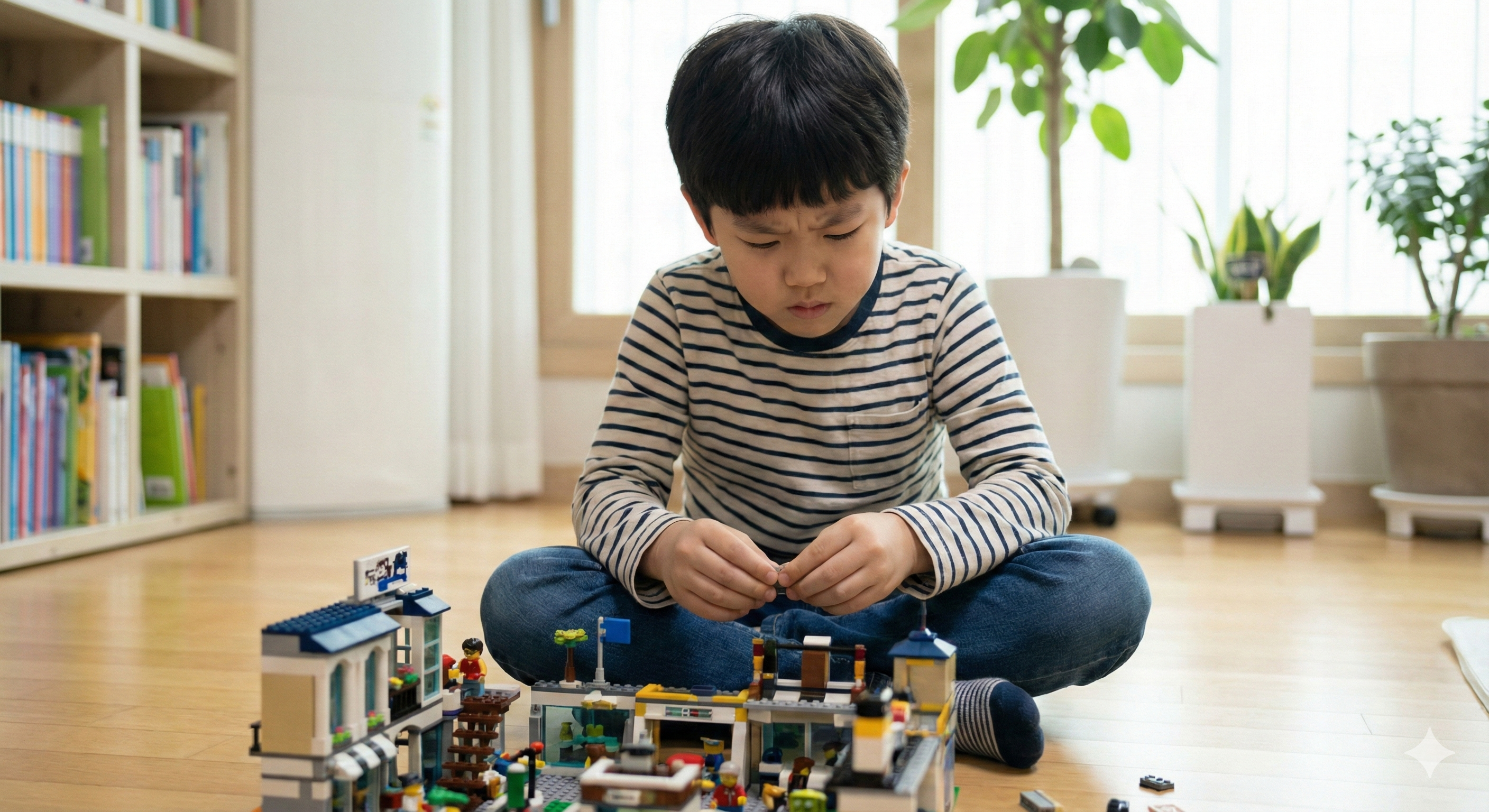 아이가 몰입하여 만든 복잡한 레고 작품이나 상세한 그림. 겉보기에 쓸데없어 보이는 활동이 창의력과 연결됨을 표현.