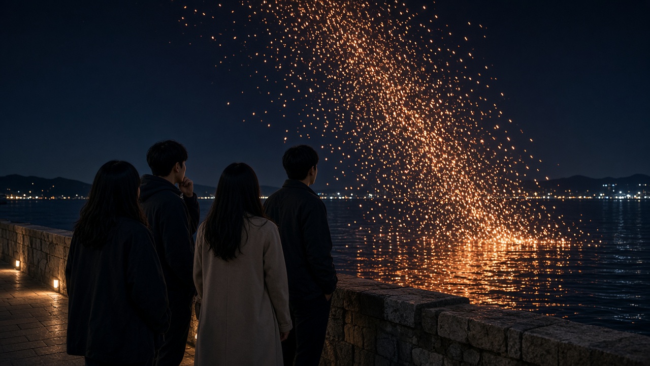 밤바다 위로 불꽃이 비처럼 떨어지는 낙화놀이를 해안 산책로에서 바라보는 20대 친구들