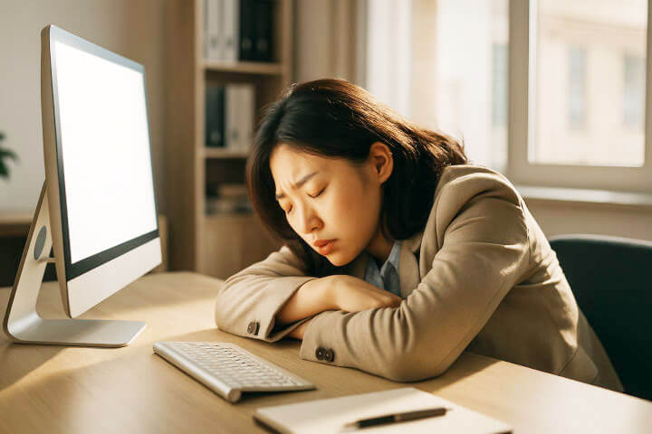 만성피로증후군으로 사무실 책상 앞에서 지친 직장인 여성