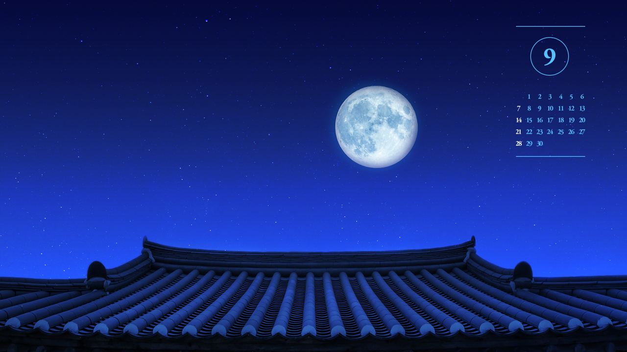 12 한옥지붕 보름달 A - 2025년9월 노트북배경화면