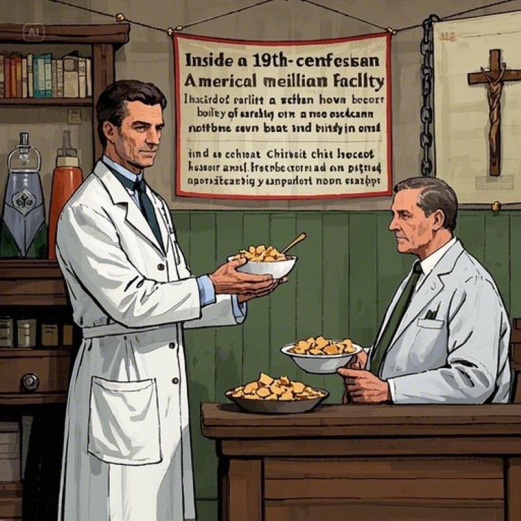 19세기 미국의 의료 시설 내부에서 흰 가운을 입은 의사가 환자에게 그레이엄 크래커와 콘플레이크가 담긴 그릇을 내미는 모습. 배경에는 종교적 십자가와 '절제'라는 글자가 새겨진 현수막이 걸려있고, 한쪽 구석에는 성적 억압을 상징하는 사슬과 자물쇠가 은은하게 표현되어 있다.