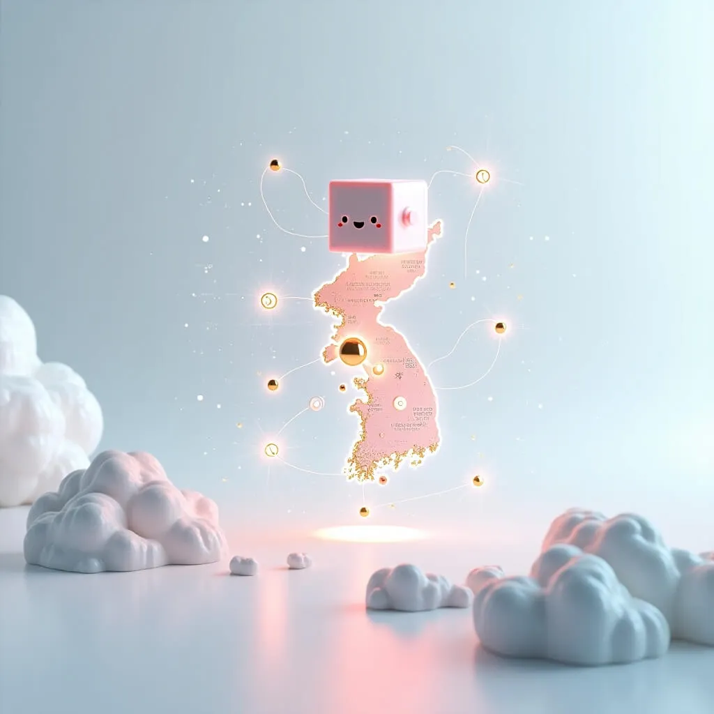 제미나이 3.0: 밝은 미래적 공간에 투명 유리 재질의 한반도 실루엣이 떠있고, 각 지역마다 빛나는 핑크-블루 그라데이션 노드가 위치해 있음. 이 노드들은 골든 라이트 네트워크 라인으로 서로 연결되어 있으며, 중앙 상공에 떠있는 귀여운 3D 제미나이 큐브 캐릭터가 모든 연결을 조율하고 있음. 펄 화이트 배경에 홀로그램 크리스탈 효과와 부드러운 파티클이 어우러져 제미나이 3.0의 뛰어난 한국어 처리 능력과 방언 이해 능력을 시각적으로 전달함 (Gemini 3.0 Korean language processing network bright holographic)