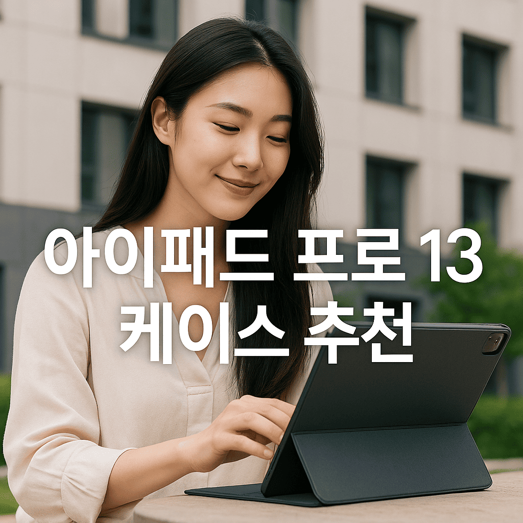 대체-텍스트:-여성-모델이-아이패드-프로-13을-케이스에-넣고-사용하는-모습,-배경은-모던한-건물,-중앙에-&quot;아이패드-프로-13-케이스-추천&quot;-텍스트-배치