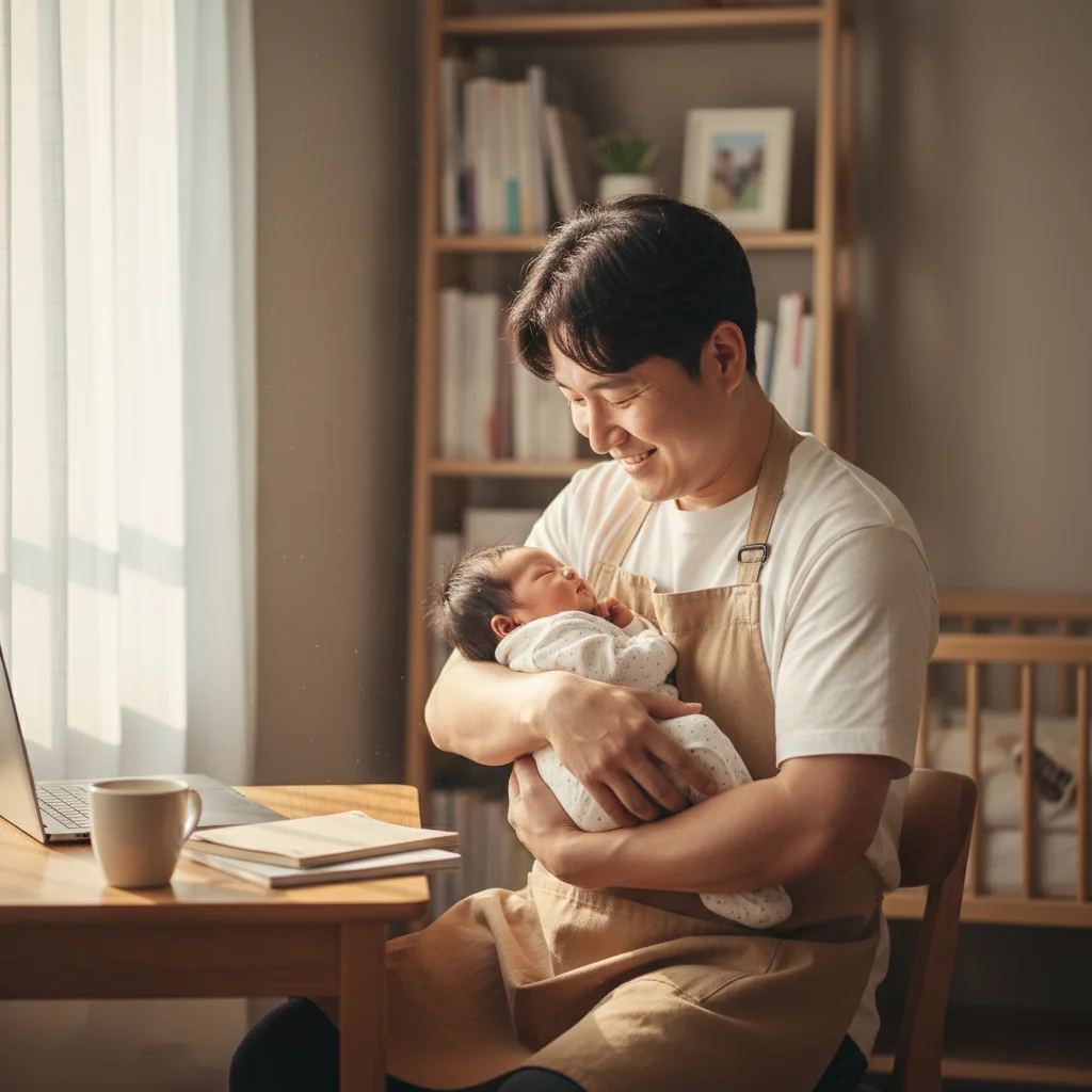 자영업자 아빠가 일을 잠시 멈추고 갓 태어난 아기를 안고 행복해하는 모습, 서울시 출산휴가급여 지원을 상징하는 따뜻한 이미지