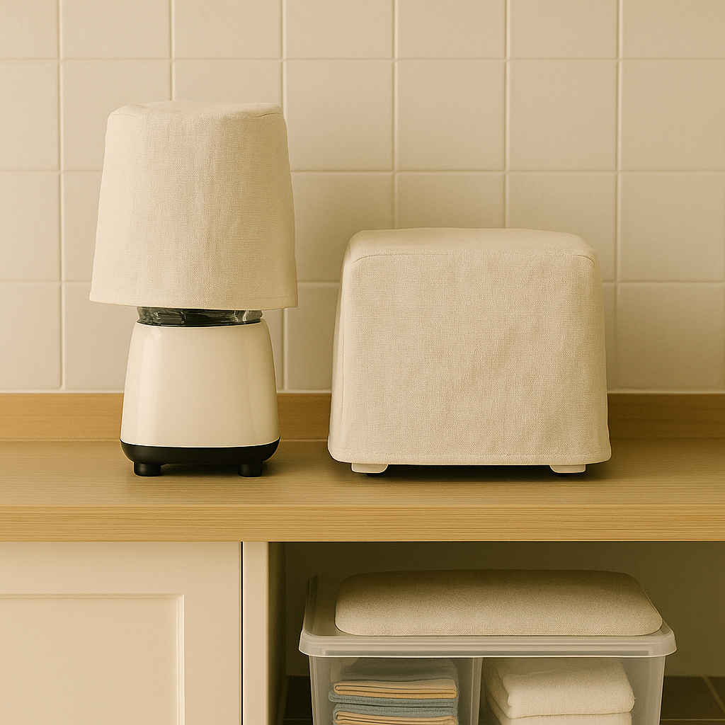 덮개를 씌운 믹서기와 토스터기