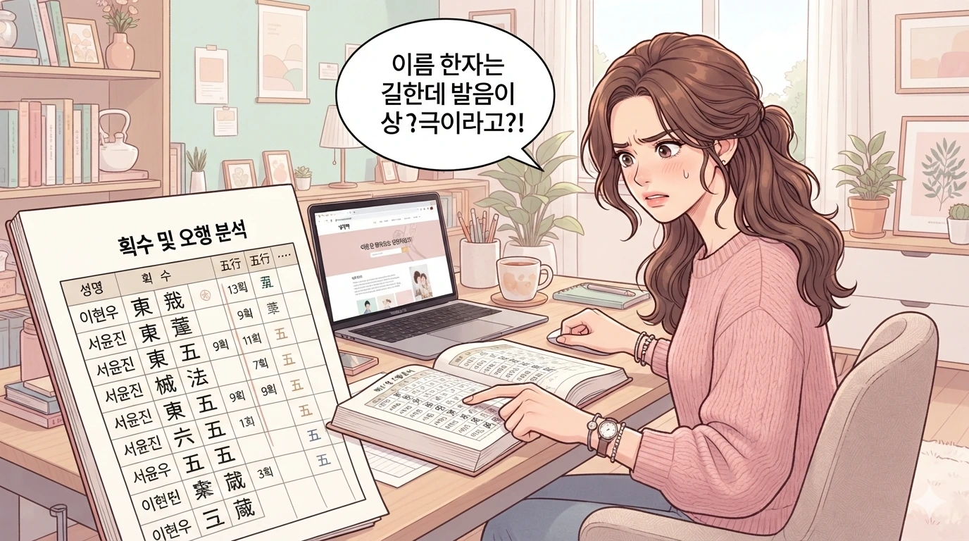 "이름 한자는 길한데 발음이 상극이라고?!"라는 말풍선과 함께 노트북 앞에서 당황해하며 이름풀이 결과를 확인하는 여성의 웹툰 일러스트 컷.