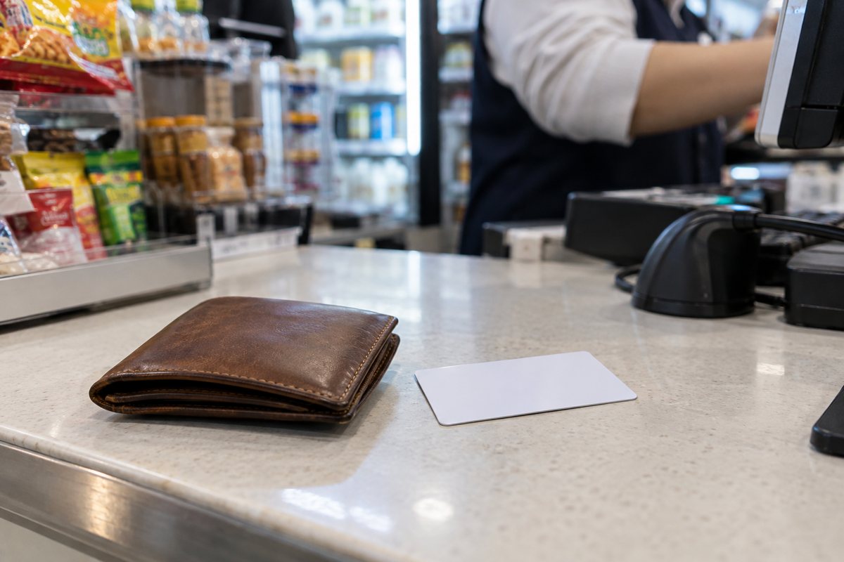 A generic transit card and wallet on a convenience store counter