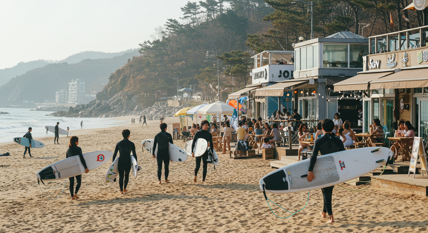 양양 서피비치 또는 죽도해변의 서핑과 감성 카페 풍경
