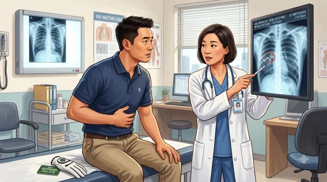 갈비뺘에 금이간 에스레이 사진을 보며 의사에게 진료를 받고 있는 이미지